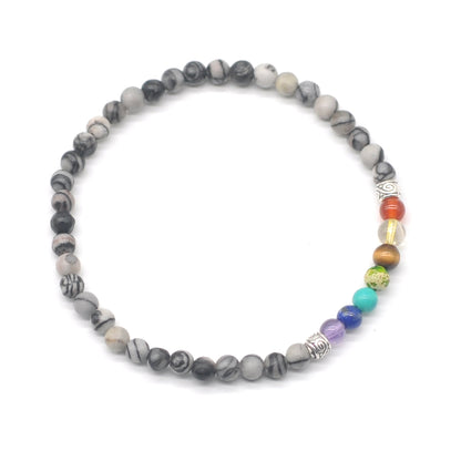 CGB925 Black Net Jasper With 7 Chakra Stretch Bracelet Round 4mm