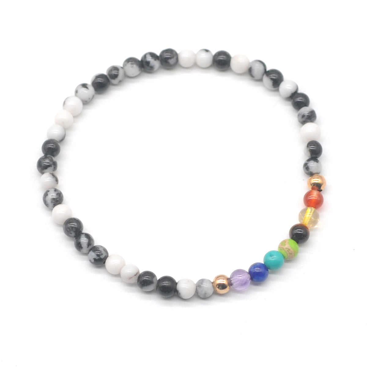 CGB926 Black & White Jasper With 7 Chakra Stretch Bracelet Round 4mm