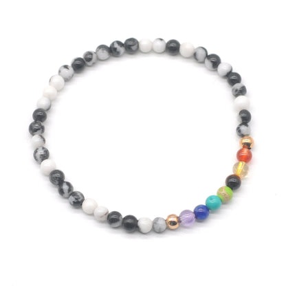 CGB926 Black & White Jasper With 7 Chakra Stretch Bracelet Round 4mm