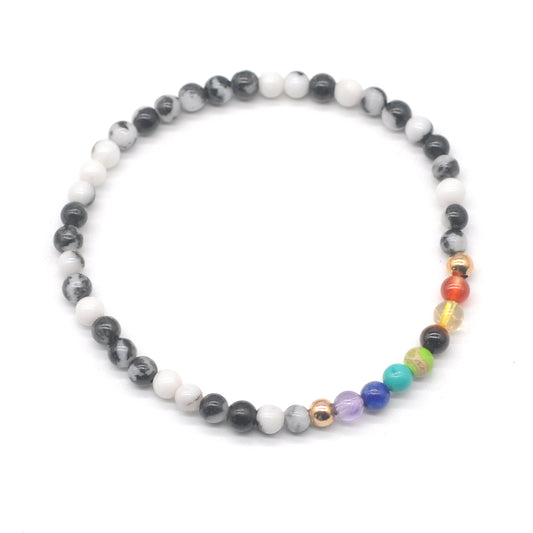 CGB926 Black & White Jasper With 7 Chakra Stretch Bracelet Round 4mm