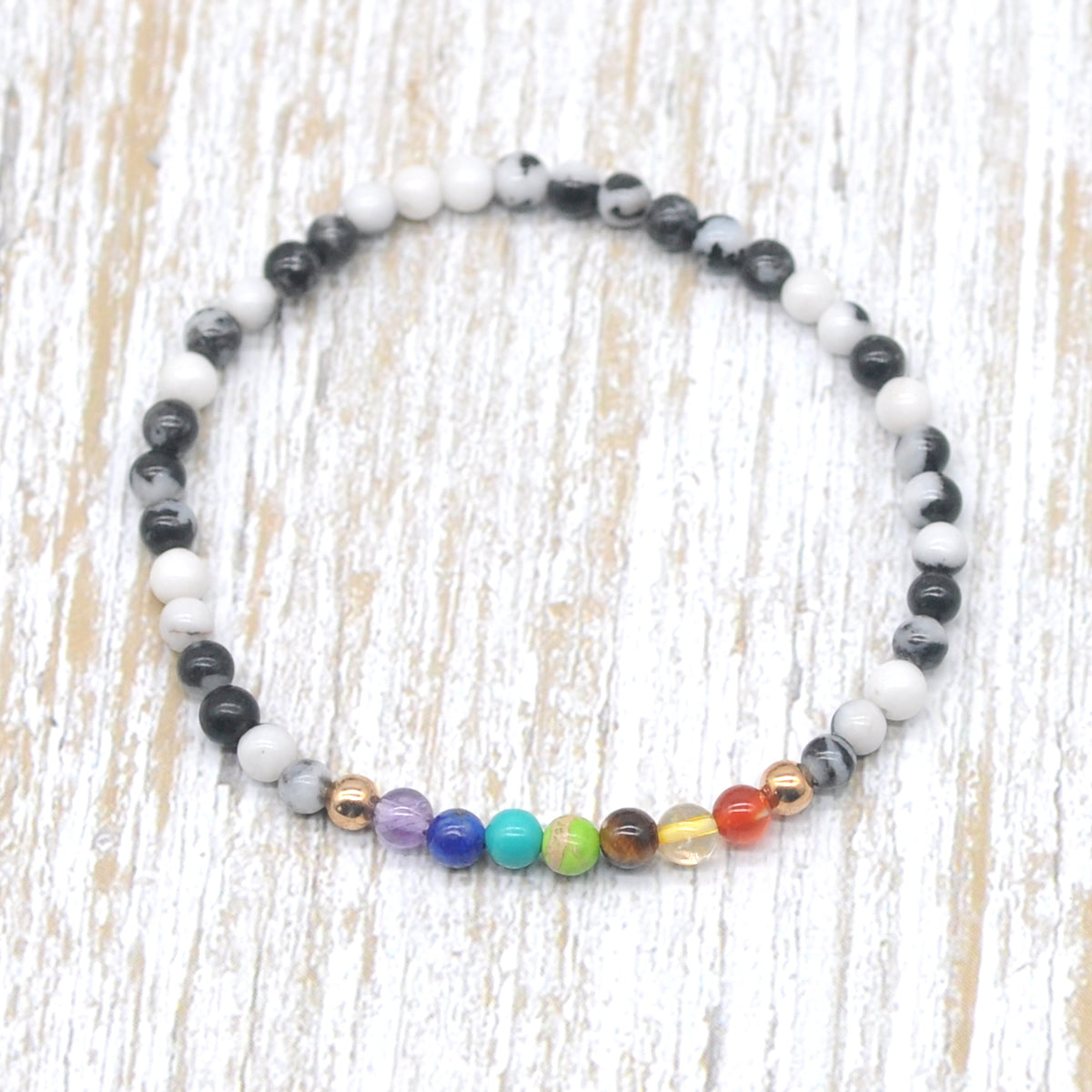 CGB926 Black & White Jasper With 7 Chakra Stretch Bracelet Round 4mm