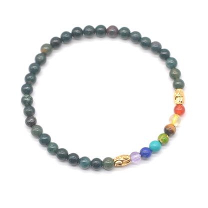 CGB928 Indian Bloodstone With 7 Chakra Stretch Bracelet Round 4mm