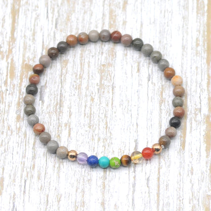 CGB930 Polychrome Jasper With 7 Chakra Stretch Bracelet Round 4mm