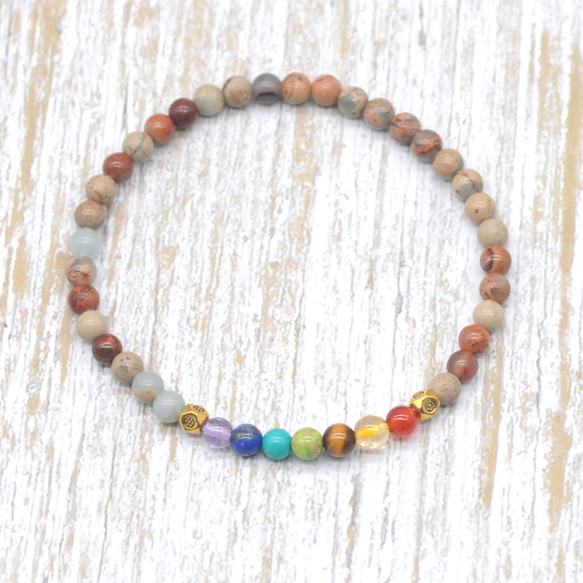 CGB931 Serpentine Jasper With 7 Chakra Stretch Bracelet Round 4mm