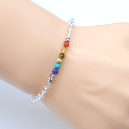 CGB936 Clear Quartz With 7 Chakra Stretch Bracelet Round 4mm