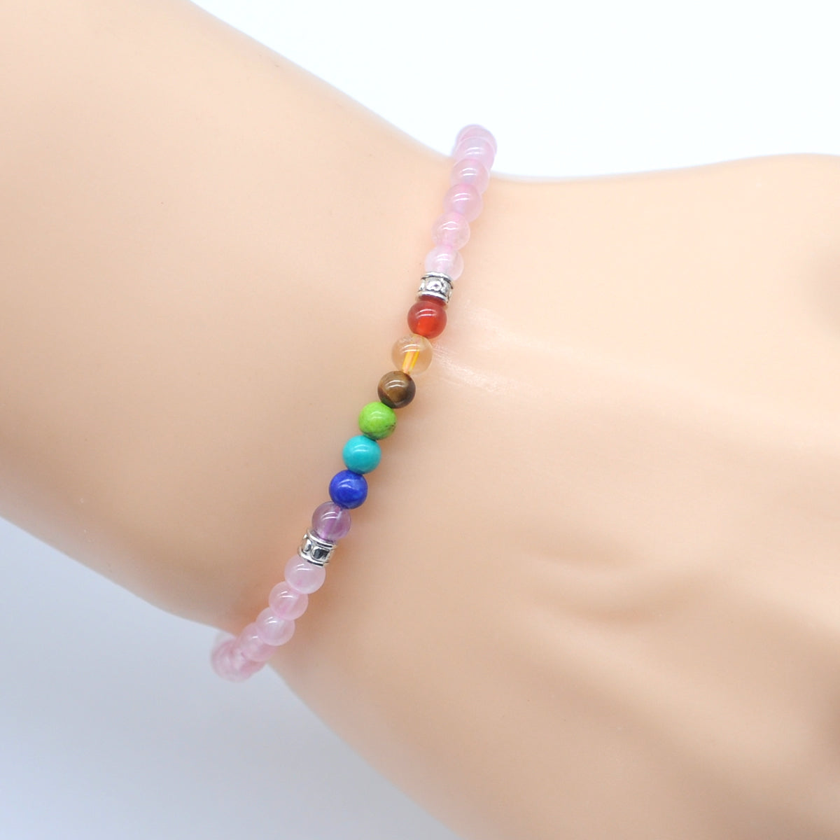 CGB937 Rose Quartz With 7 Chakra Stretch Bracelet Round 4mm