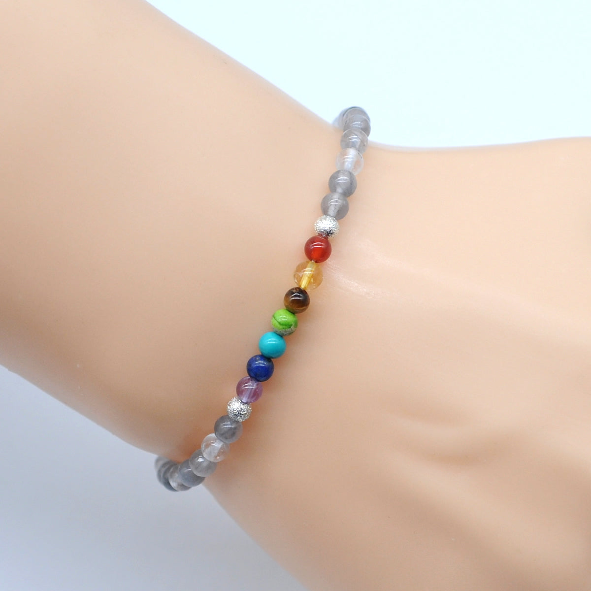 CGB938 Cloudy Quartz With 7 Chakra Stretch Bracelet Round 4mm