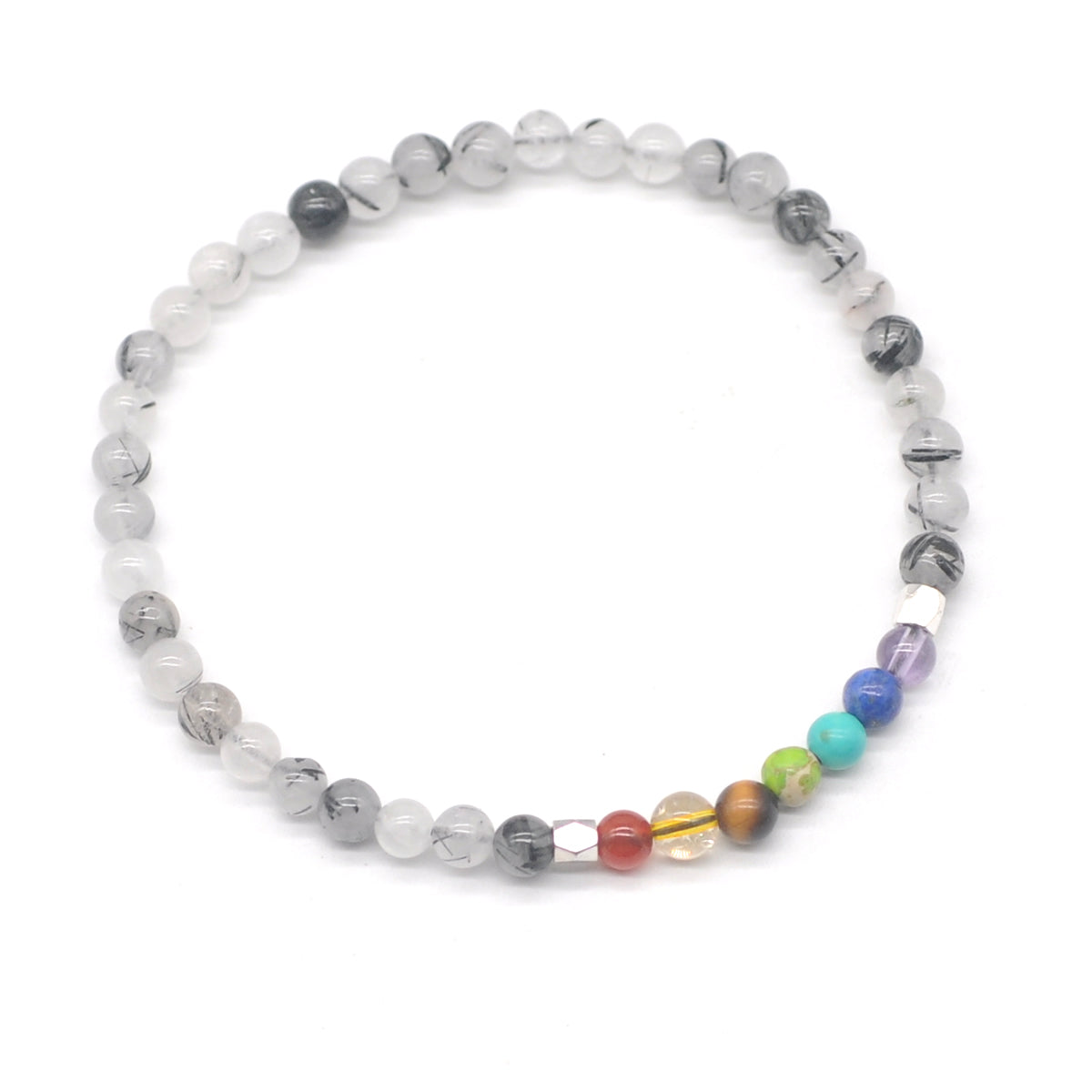 CGB939 Black Rutilated Quartz With 7 Chakra Stretch Bracelet Round 4mm