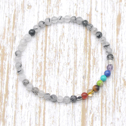 CGB939 Black Rutilated Quartz With 7 Chakra Stretch Bracelet Round 4mm