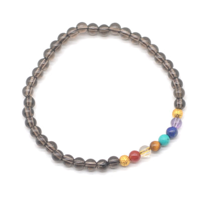 CGB940 Smoky Quartz With 7 Chakra Stretch Bracelet Round 4mm