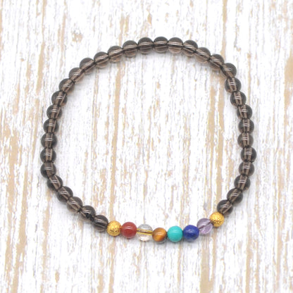 CGB940 Smoky Quartz With 7 Chakra Stretch Bracelet Round 4mm