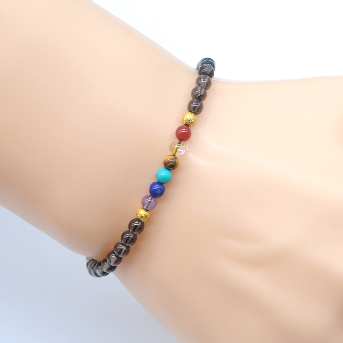 CGB940 Smoky Quartz With 7 Chakra Stretch Bracelet Round 4mm