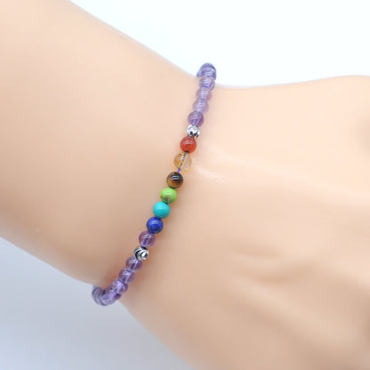 CGB941 Light Amethyst With 7 Chakra Stretch Bracelet Round 4mm