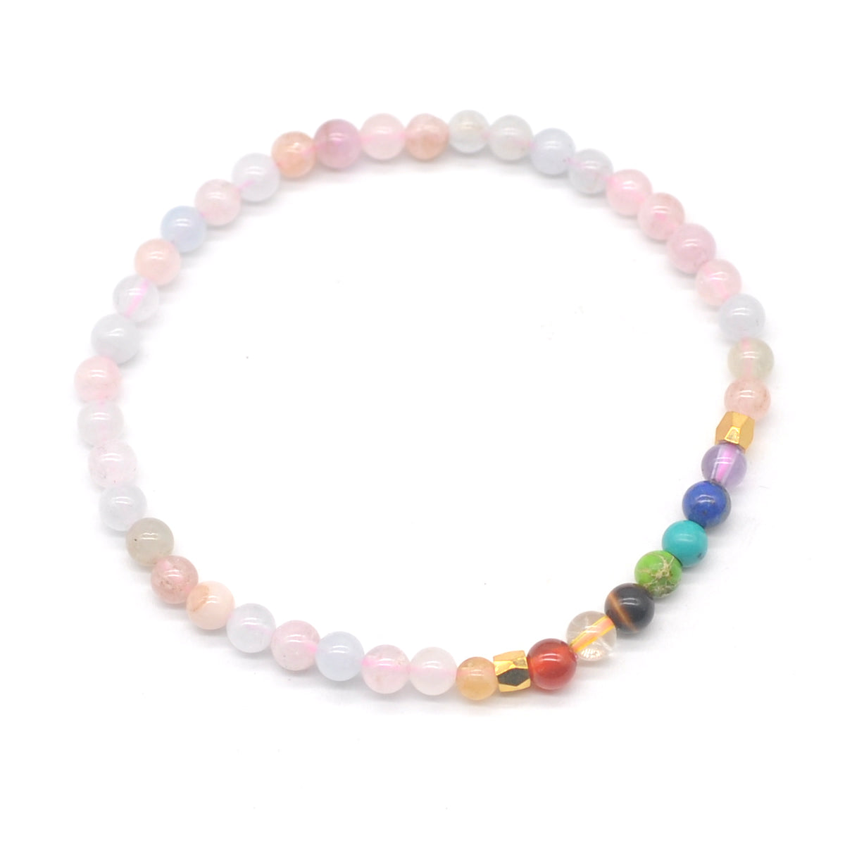 CGB944 Morganite With 7 Chakra Beaded Stretch Bracelet Round 4mm