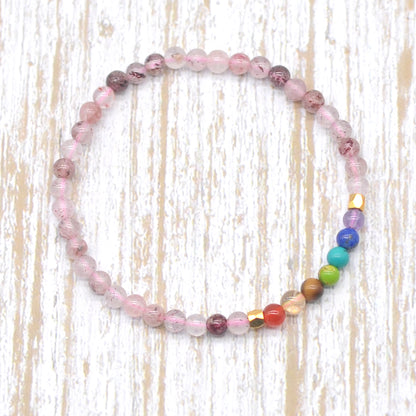 CGB945 Strawberry Quartz With 7 Chakra Stretch Bracelet Round 4mm