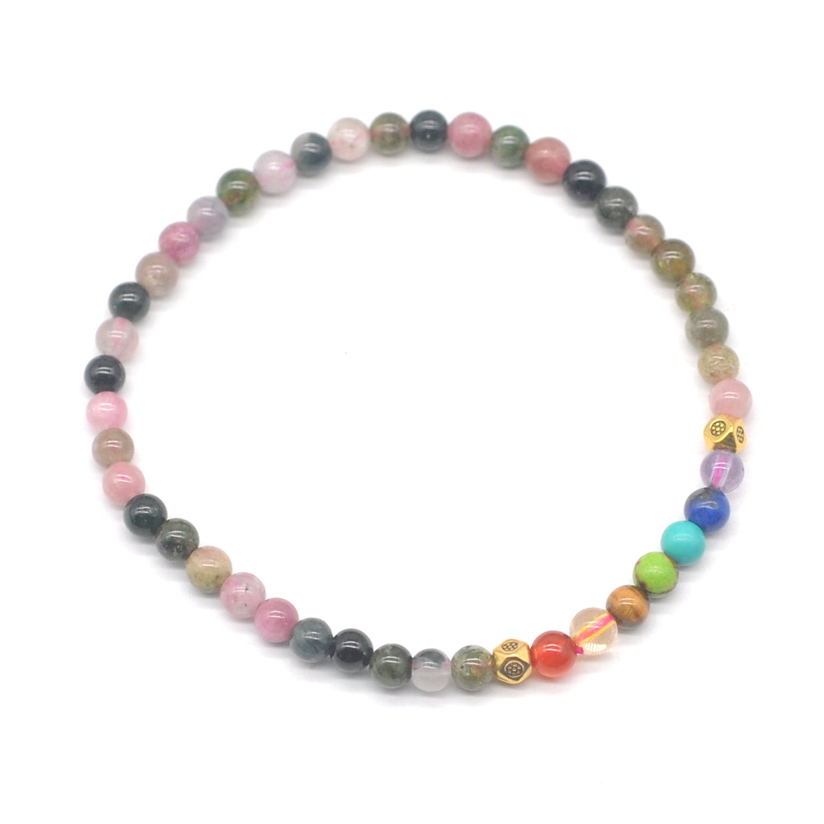 CGB946 Tourmaline With 7 Chakra Beaded Stretch Bracelet Round 4mm