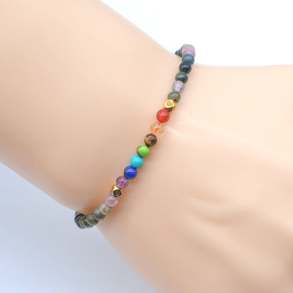 CGB946 Tourmaline With 7 Chakra Beaded Stretch Bracelet Round 4mm