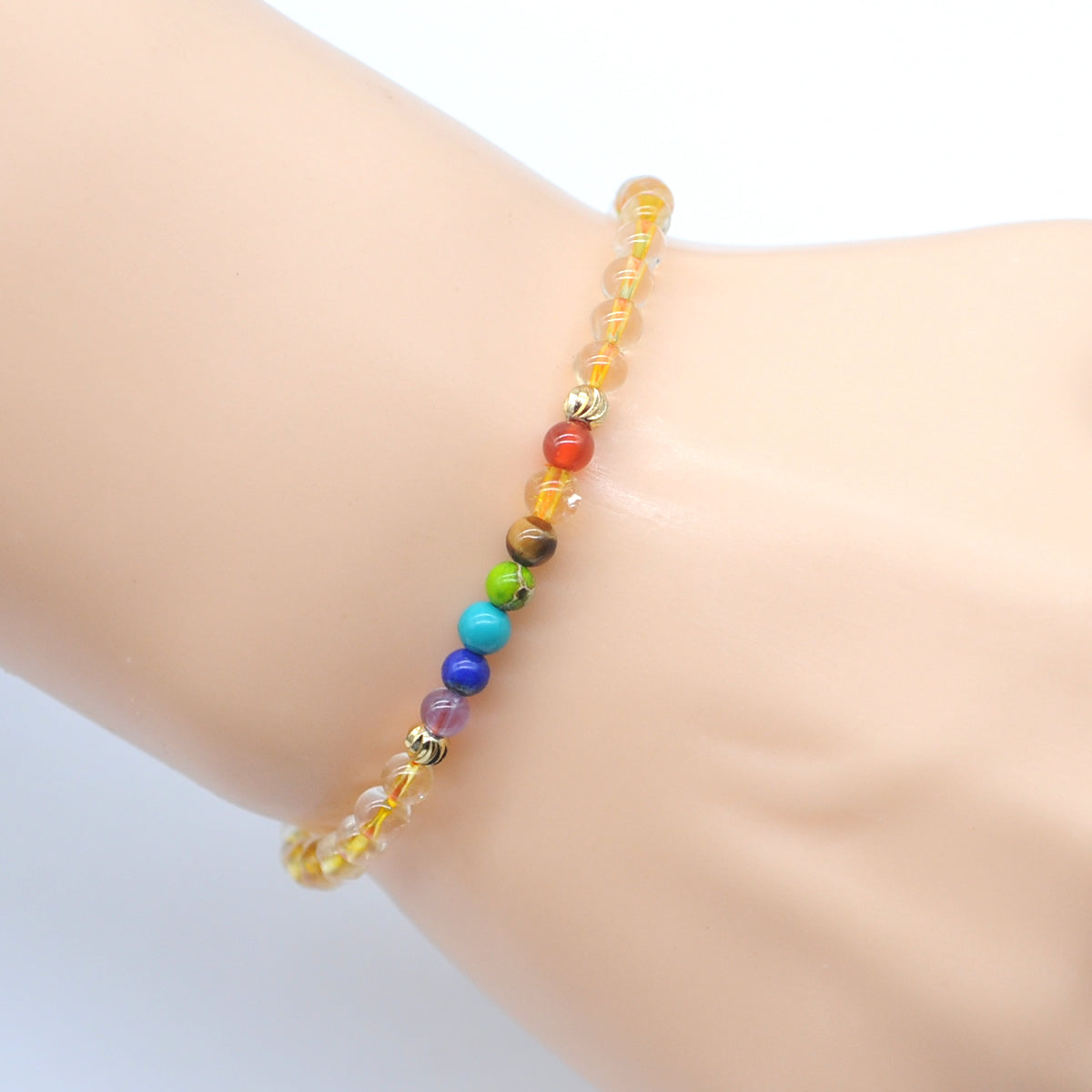 CGB948 Citrine With 7 Chakra Beaded Stretch Bracelet Round 4mm