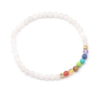 CGB950 White Moonstone With 7 Chakra Stretch Bracelet Round 4mm