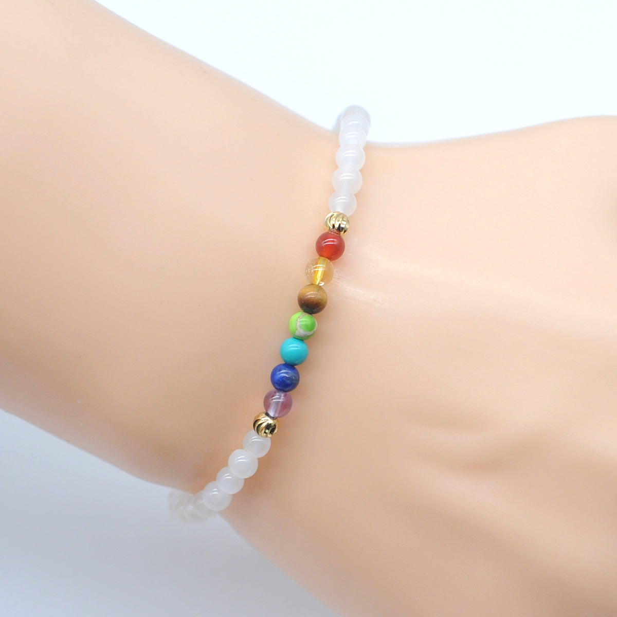 CGB950 White Moonstone With 7 Chakra Stretch Bracelet Round 4mm