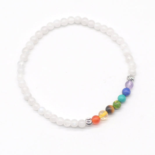 CGB951 White Moonstone With 7 Chakra Stretch Bracelet Round 4mm