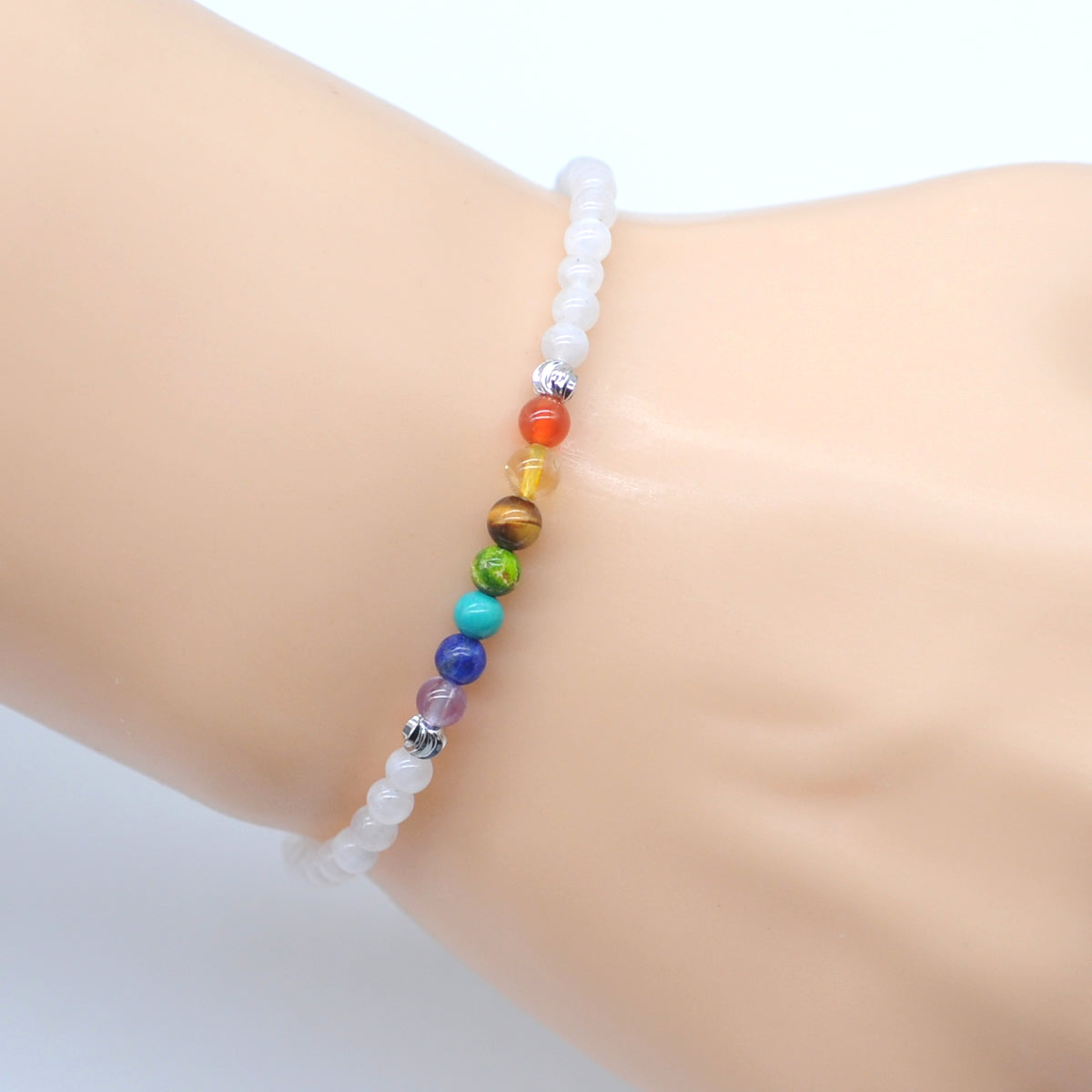 CGB951 White Moonstone With 7 Chakra Stretch Bracelet Round 4mm