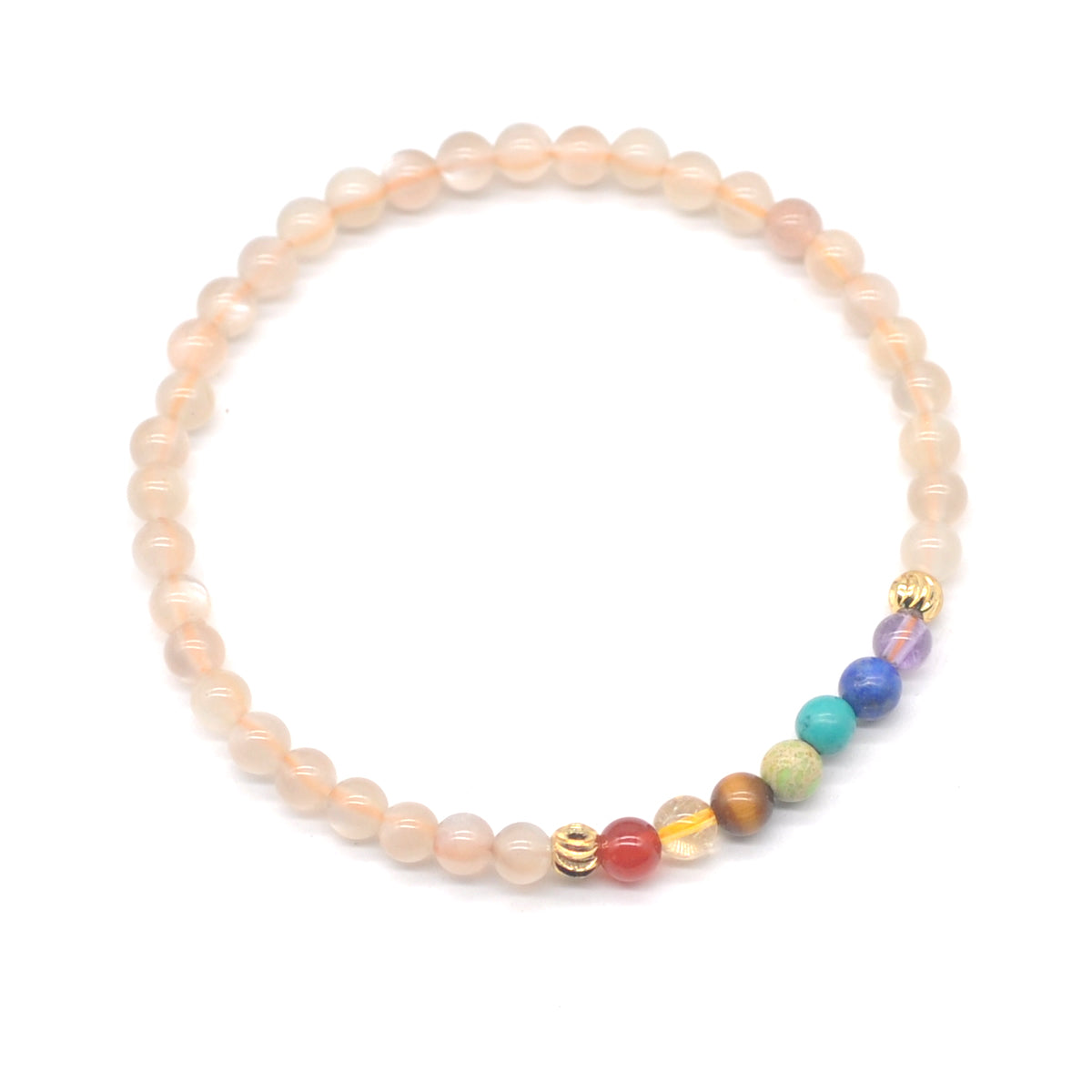 CGB952 Orange Moonstone With 7 Chakra Stretch Bracelet Round 4mm