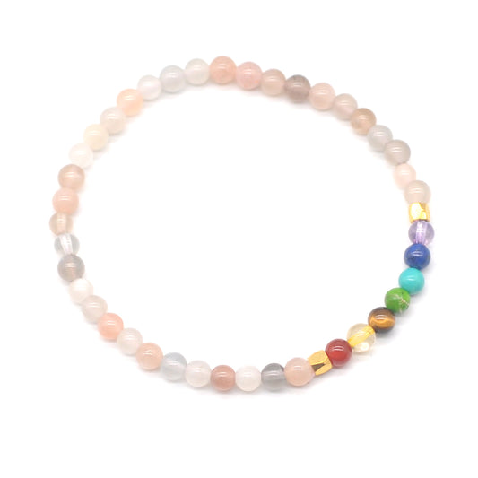 CGB953 Rainbow Moonstone With 7 Chakra Stretch Bracelet Round 4mm