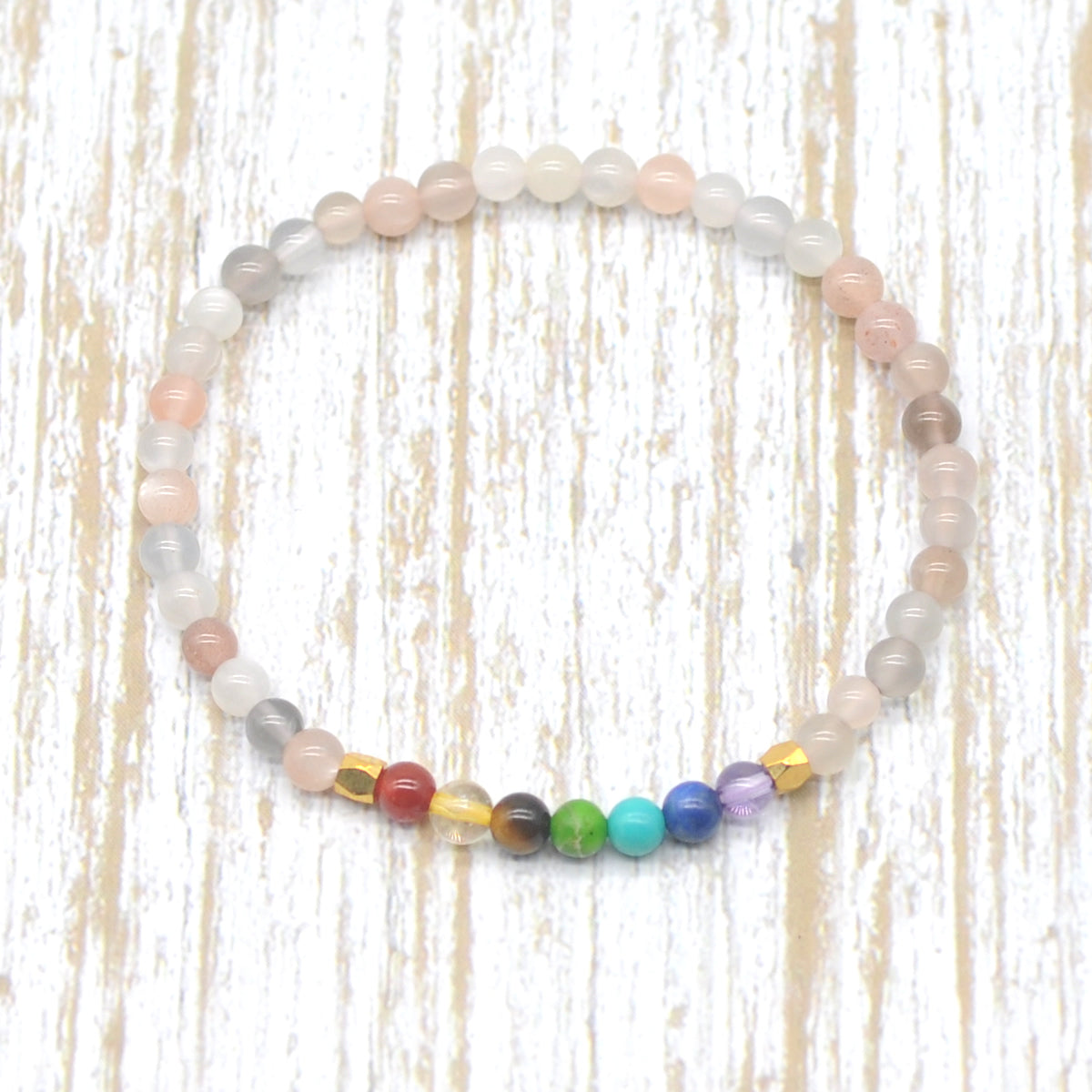 CGB953 Rainbow Moonstone With 7 Chakra Stretch Bracelet Round 4mm