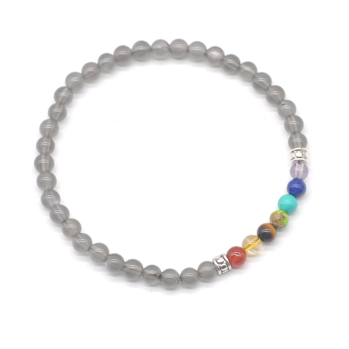 CGB954 Grey Moonstone With 7 Chakra Stretch Bracelet Round 4mm