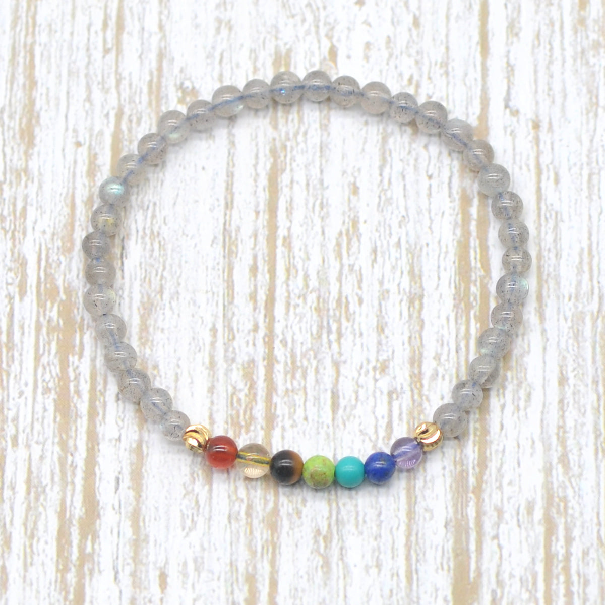 CGB955 Labradorite With 7 Chakra Stretch Bracelet Round 4mm