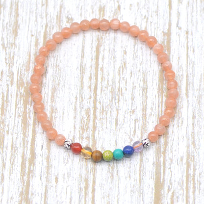 CGB956 Sunstone With 7 Chakra Beaded Stretch Bracelet Round 4mm