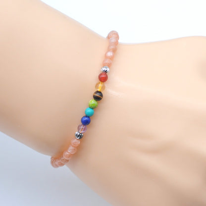 CGB956 Sunstone With 7 Chakra Beaded Stretch Bracelet Round 4mm