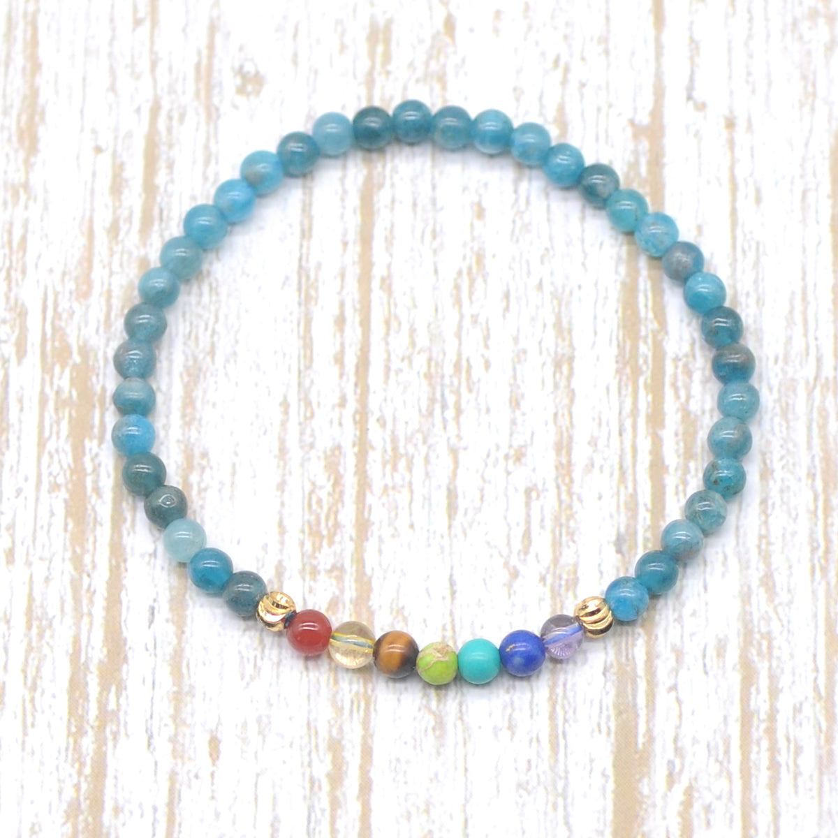 CGB959 Apatite With 7 Chakra Beaded Stretch Bracelet Round 4mm