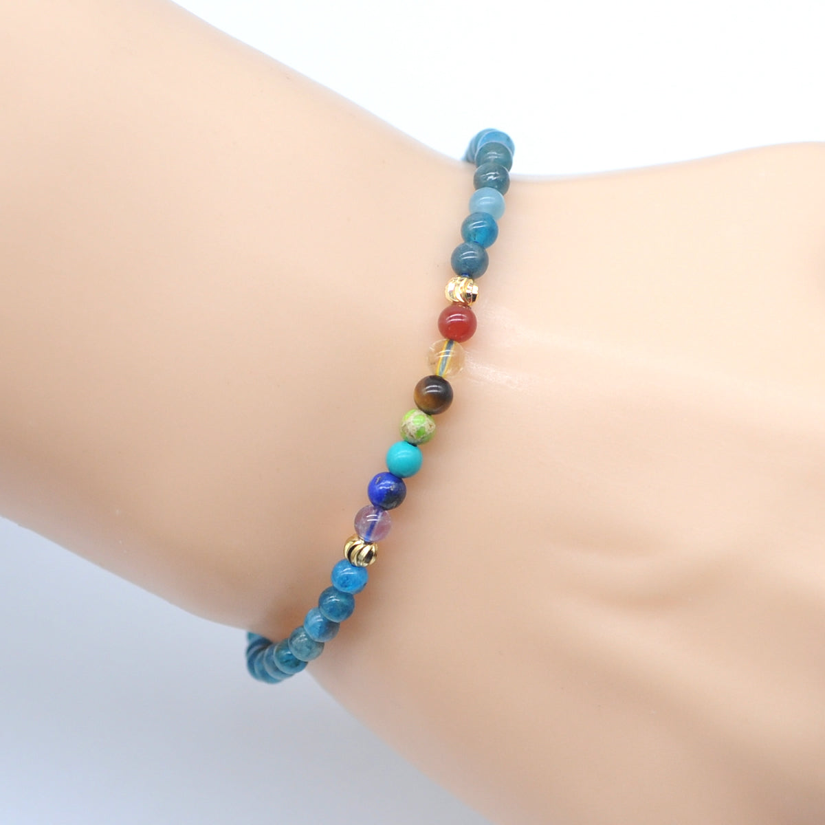 CGB959 Apatite With 7 Chakra Beaded Stretch Bracelet Round 4mm