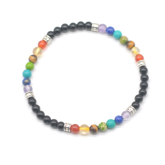 CGB965 Black Onyx With 7 Chakra Stretch Bracelet Round 4mm