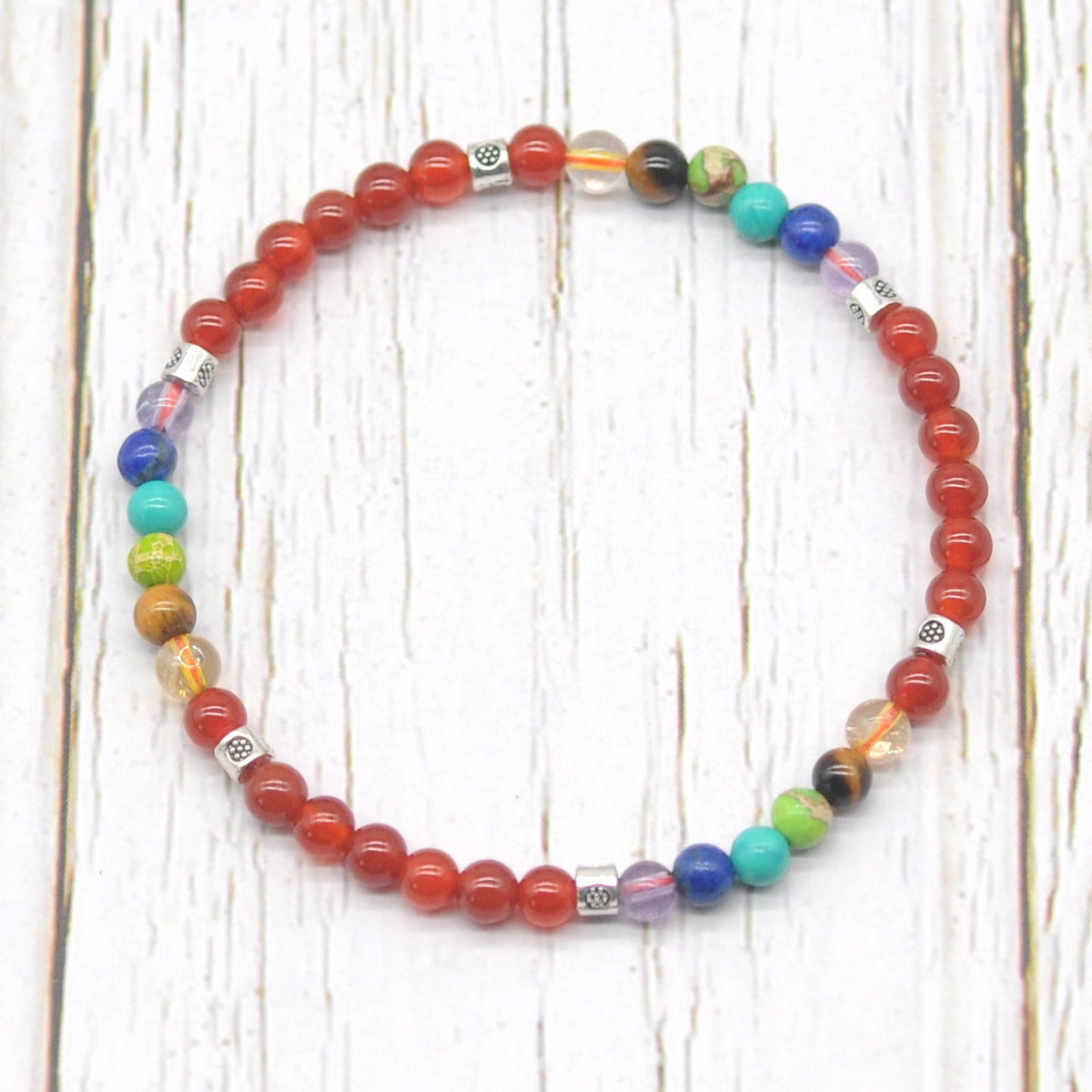 CGB966 Red Agate With 7 Chakra Stretch Bracelet Round 4mm