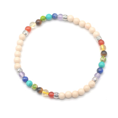 CGB968 White Fossil Jasper With 7 Chakra Stretch Bracelet Round 4mm