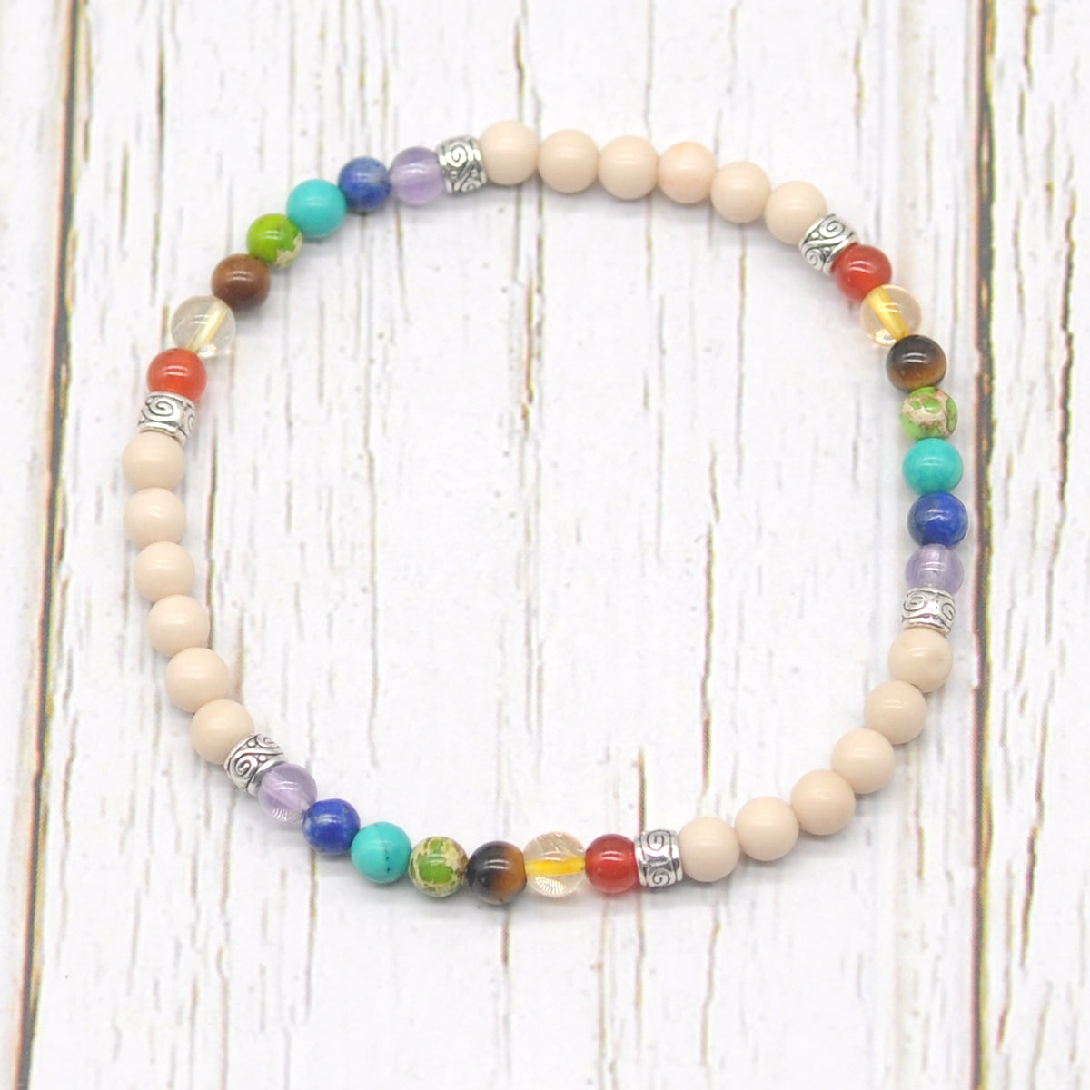 CGB968 White Fossil Jasper With 7 Chakra Stretch Bracelet Round 4mm