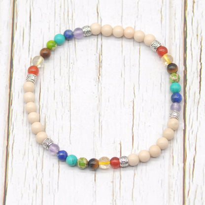 CGB968 White Fossil Jasper With 7 Chakra Stretch Bracelet Round 4mm