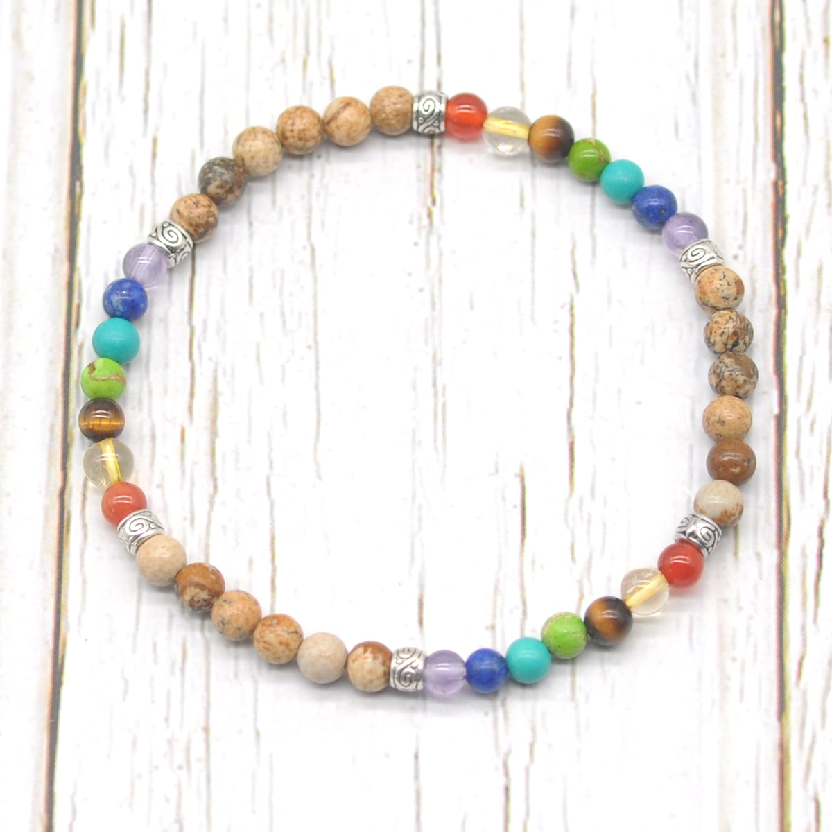 CGB969 Picture Jasper With 7 Chakra Stretch Bracelet Round 4mm