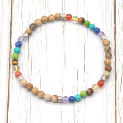 CGB969 Picture Jasper With 7 Chakra Stretch Bracelet Round 4mm