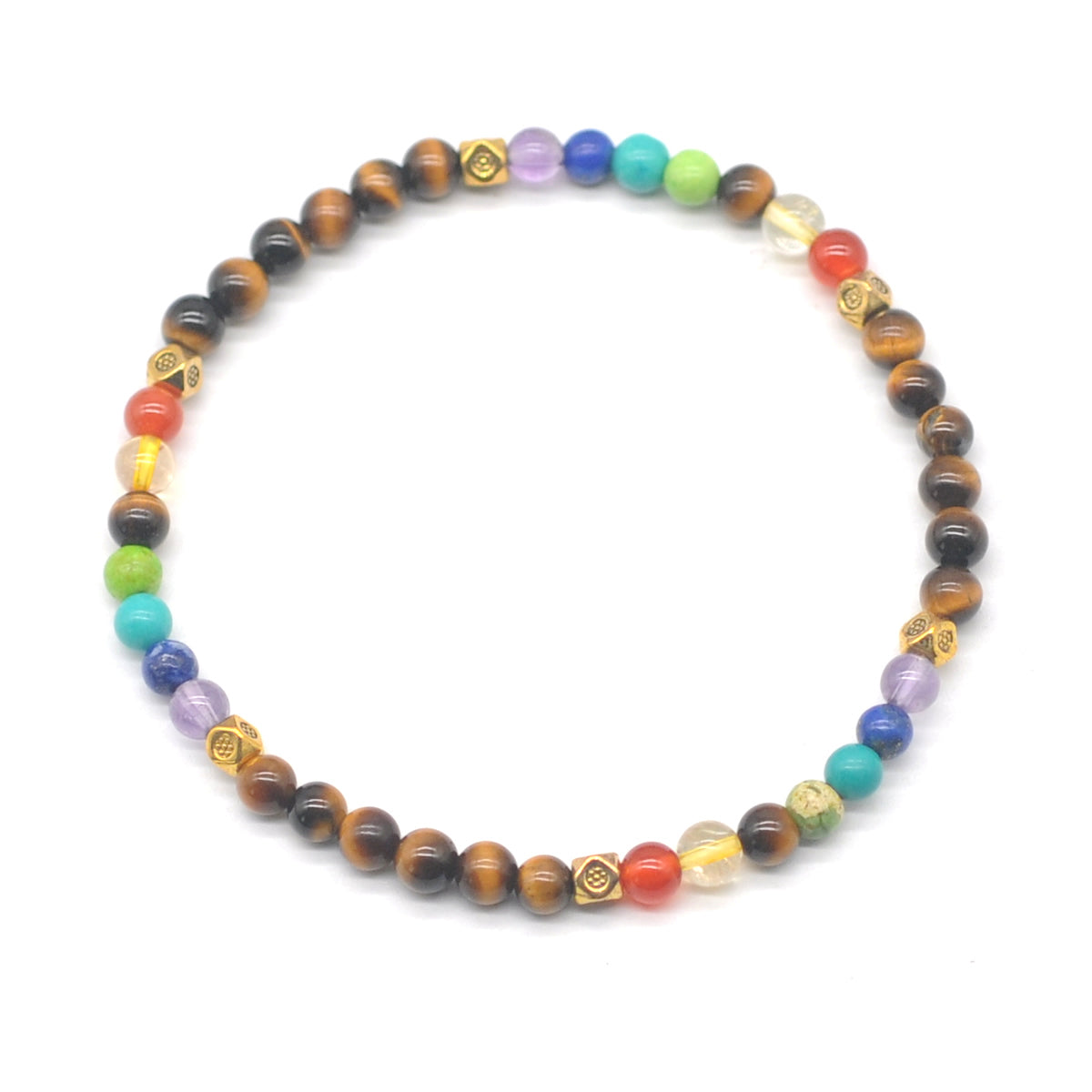 CGB970 Yellow Tiger Eye With 7 Chakra Stretch Bracelet Round 4mm