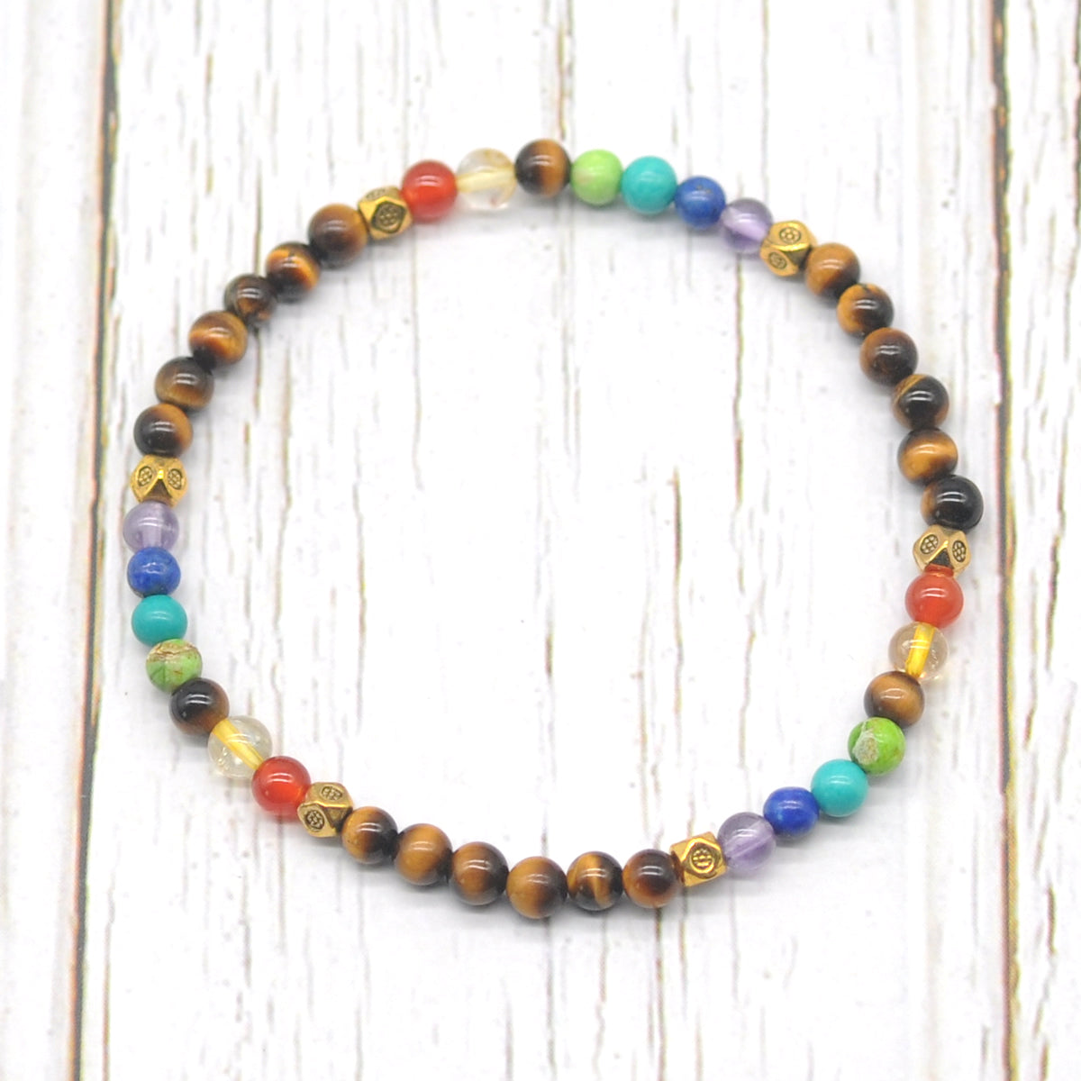 CGB970 Yellow Tiger Eye With 7 Chakra Stretch Bracelet Round 4mm