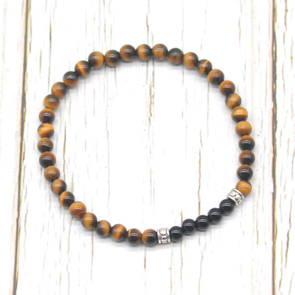 CGB972 Yellow Tiger Eye & Black Onyx Beaded Stretch Bracelet Round 4mm