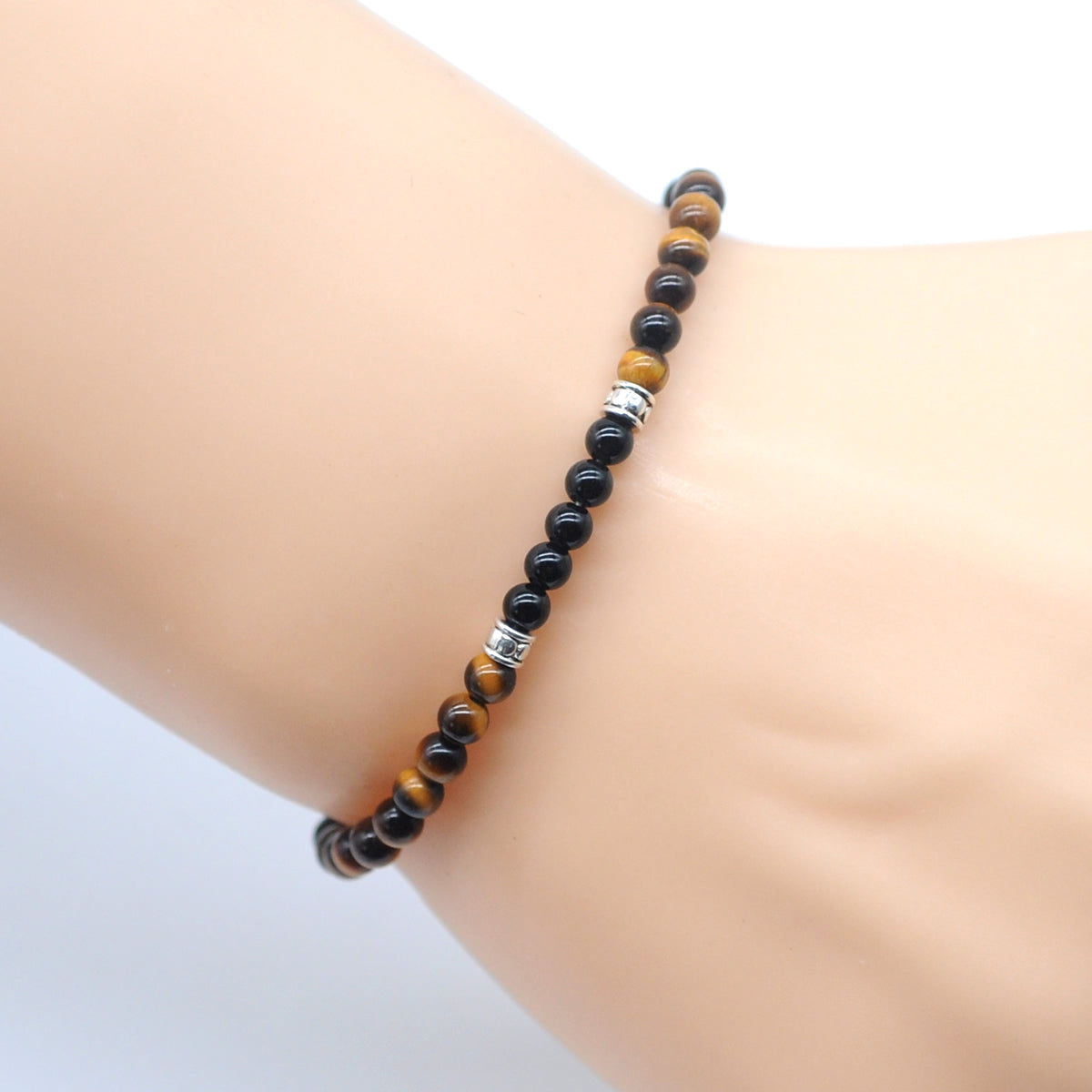 CGB972 Yellow Tiger Eye & Black Onyx Beaded Stretch Bracelet Round 4mm