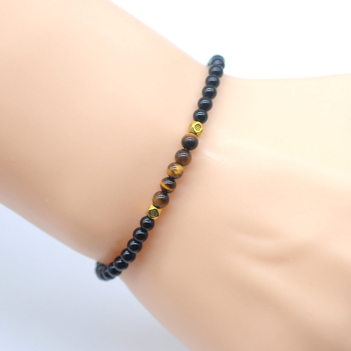 CGB973 Black Onyx & Yellow Tiger Eye Beaded Stretch Bracelet Round 4mm