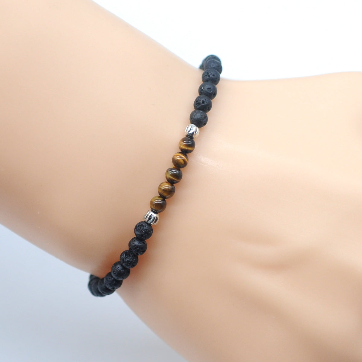 CGB974 Black Onyx & Yellow Tiger Eye Beaded Stretch Bracelet Round 4mm