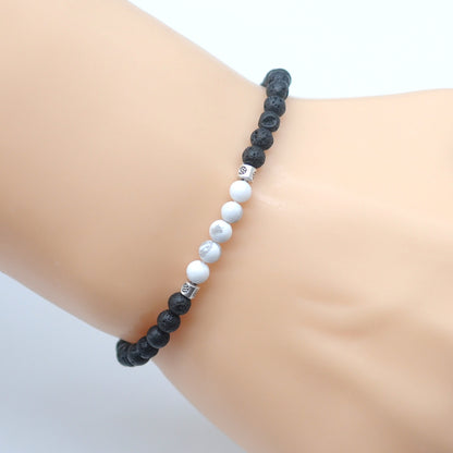 CGB976 Black Lava & White Howlite Beaded Stretch Bracelet Round 4mm