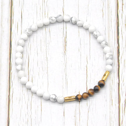 CGB977 White Howlite & Yellow Tiger Eye Beaded Stretch Bracelet Round 4mm